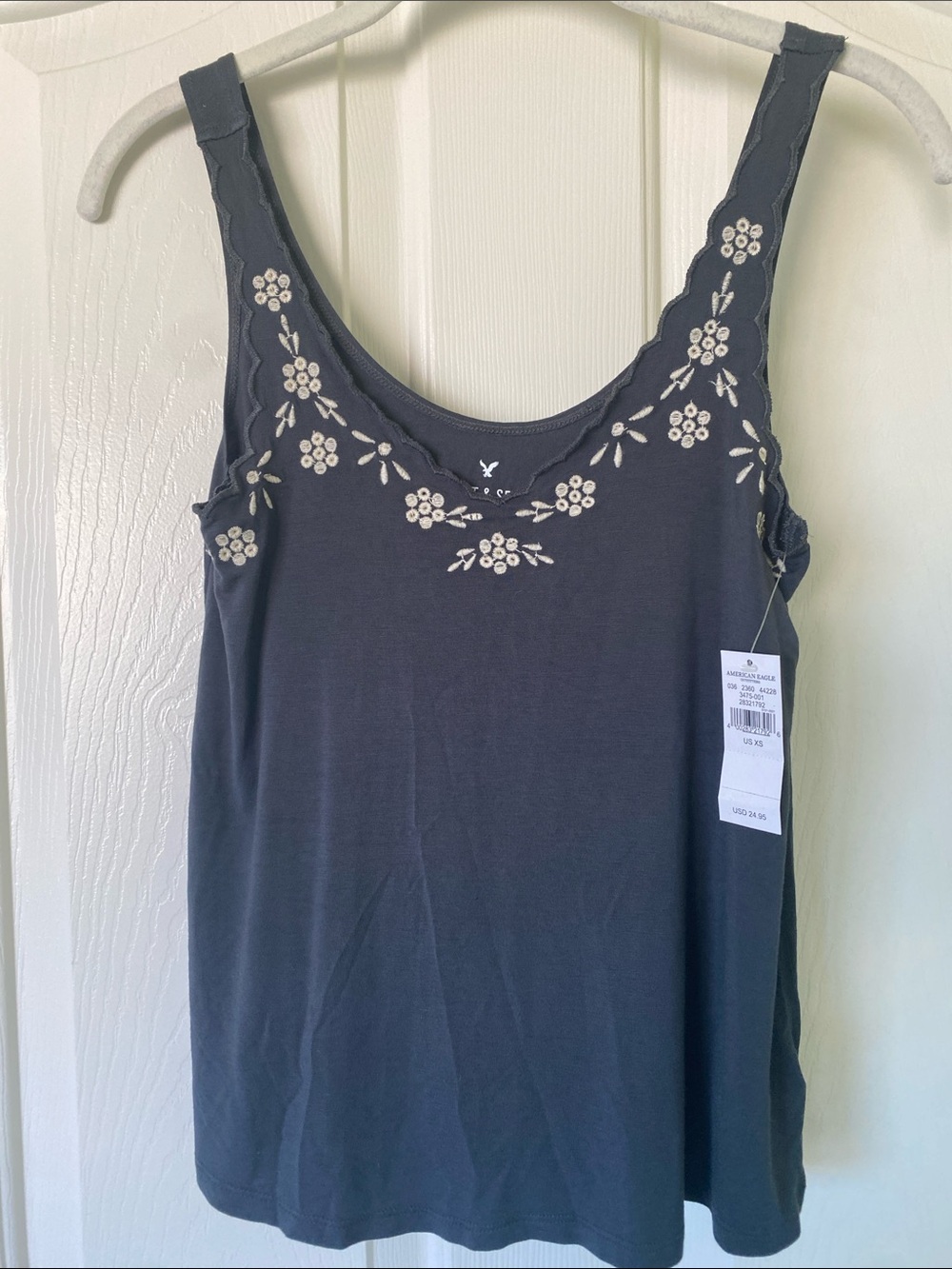American Eagle Outfitters Charcoal Tank with Ivory Floral Embroidery